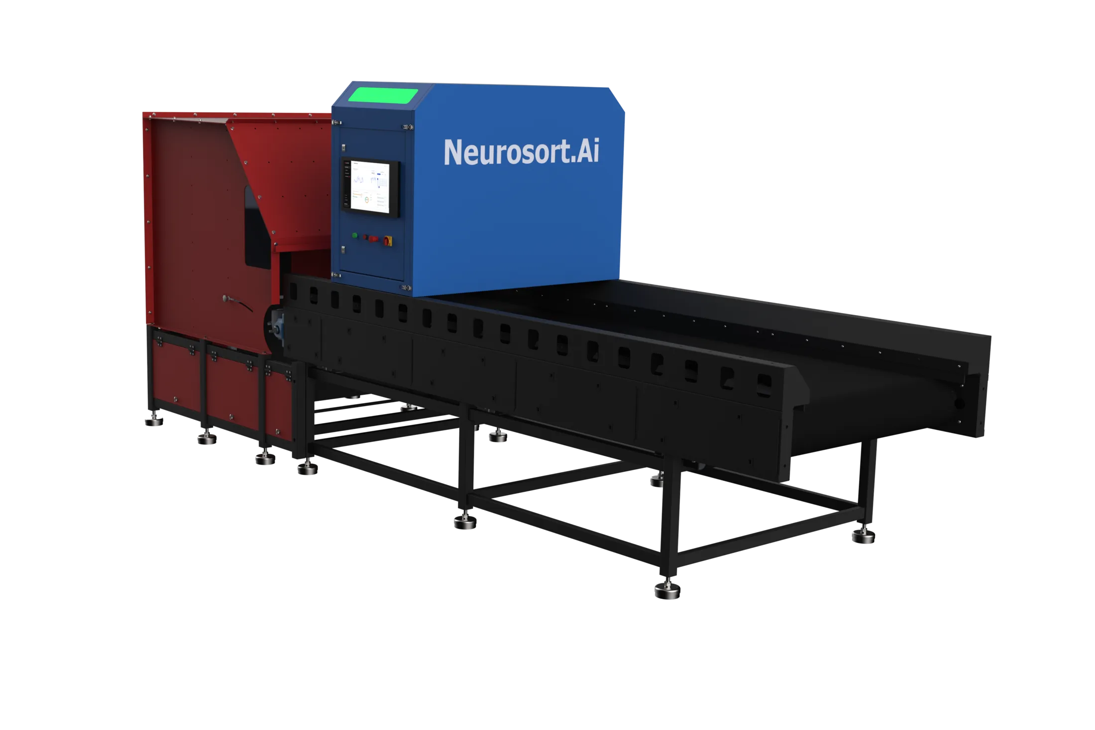 Neurosort.ai Yüksek saflıkta atık yönetimi ve otomatik sınıflandırma için entegre pnömatik nozül sistemine sahip yapay zeka destekli optik ayırıcı.
