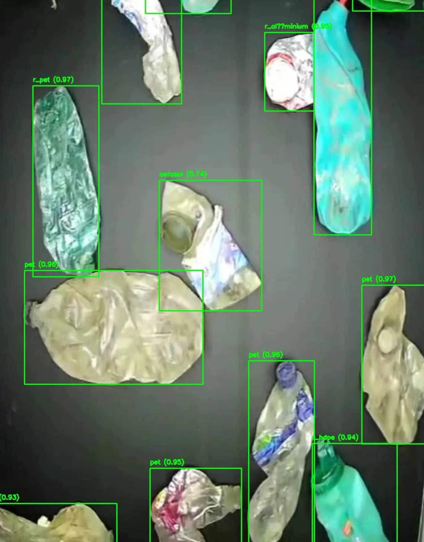 Loopbot AI computer vision detecting and classifying waste materials with confidence scores